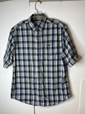 Carhartt Mens Medium Blue Plaid Button Up Cotton Shirt Pocket Button Down Collar